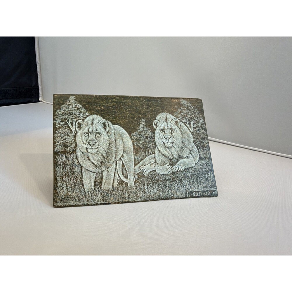 Signed Verdite Lion Etching South Africa Hand Carved Stone Plaque